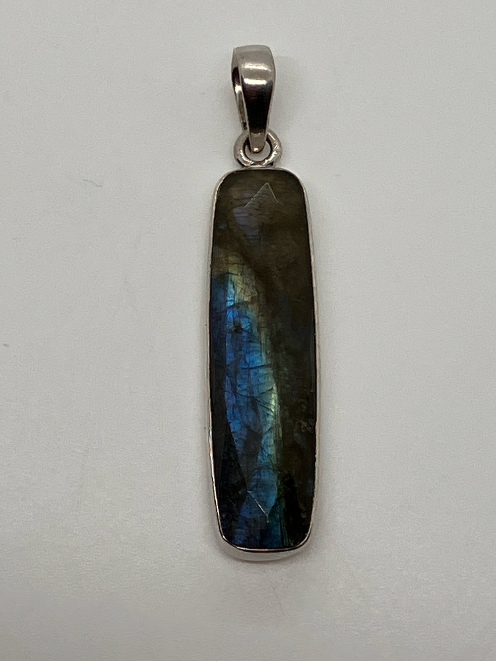 Vtg 925 Sterling Silver Long Rectangular Bar Labradorite Pendant